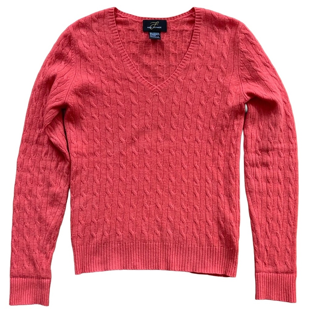 L Pure Cashmere 100% Cashmere V-Neck Cable Knit Sweater – Coral – Size Small